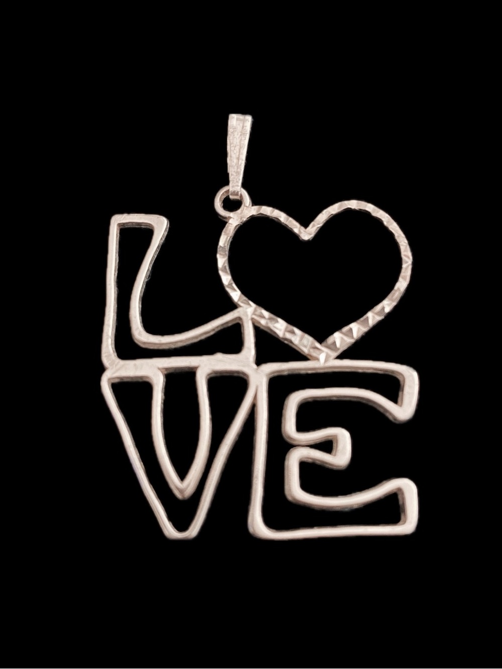 Vintage WJ Sterling Silver LOVE Heart Cutout Pendant 1.75” Diamond Cut, 3.26 G